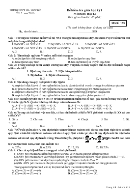 Đề kiểm tra giữa học kỳ 1 Môn Sinh Học 12 Thời gian làm bài 45 phút